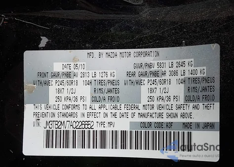 2010 Mazda Cx-9 Sport из США, поврежденный, VIN JM3TB2MV7A0226652